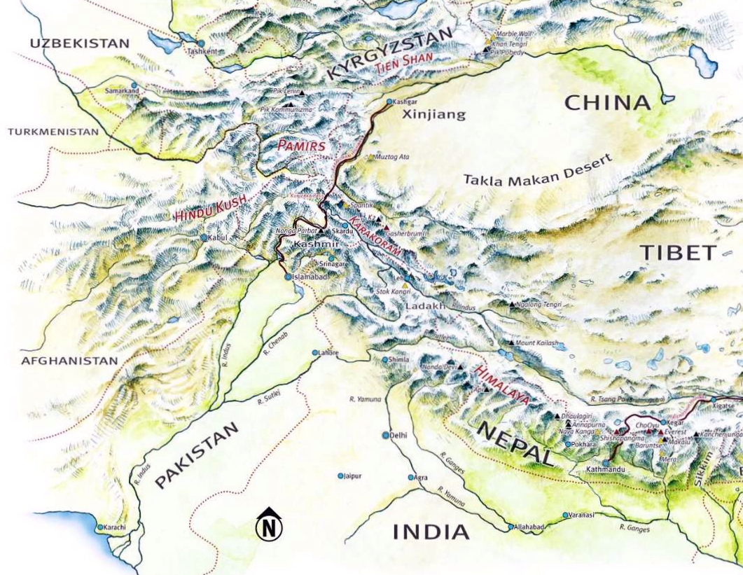 Hindu Kush is an 800 km long Central Asian mountain range that rises north eastward from Kabul, which is at 5,900 feet, till it meets the Karakoram Ra